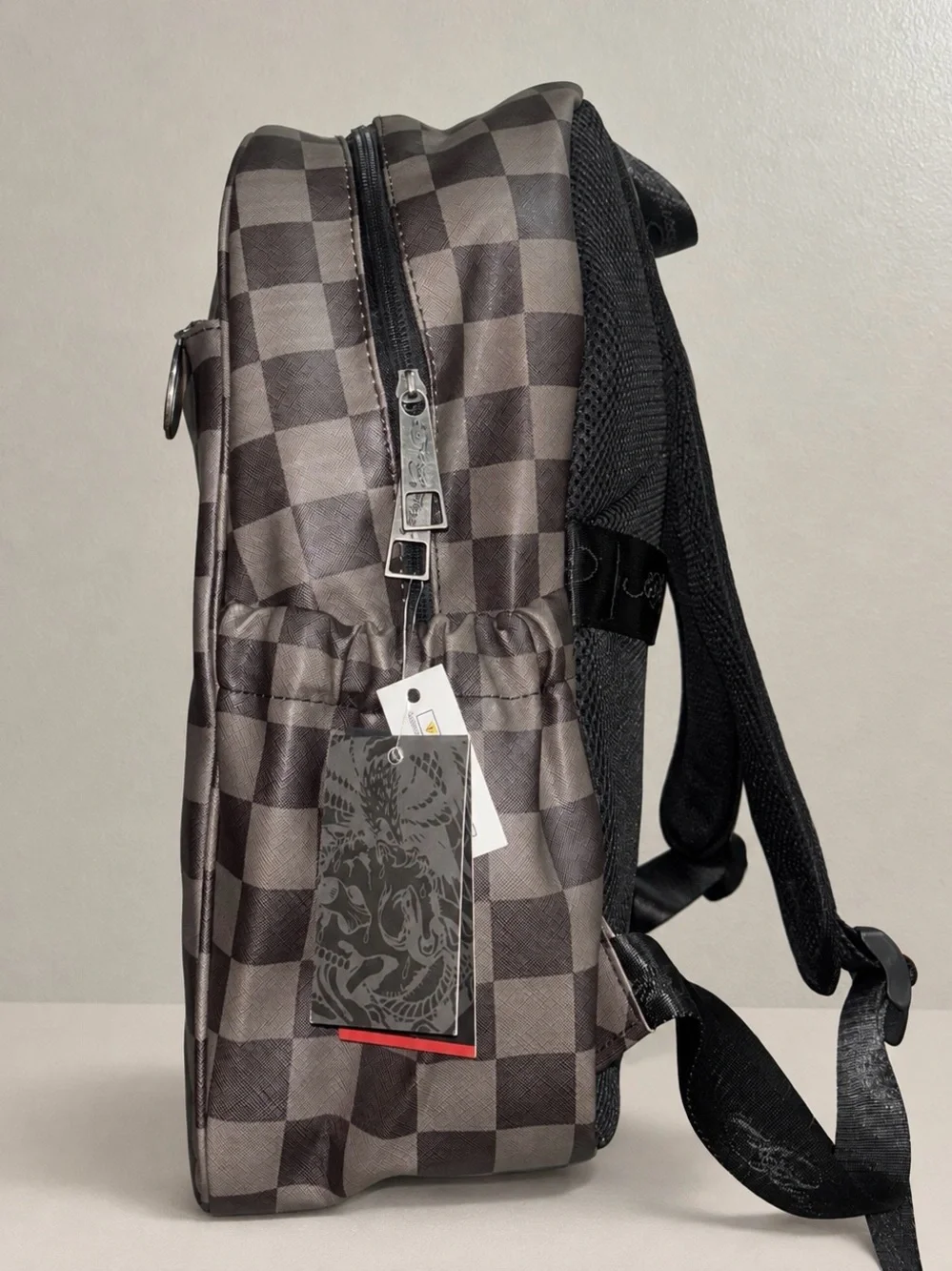 Ed Hardy Brave Hearts Stay True Backpack Skull Charm Brown Checkered NWT